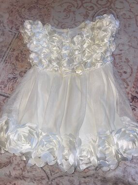 Girls White Satin & Tulle Rosette Party Dress